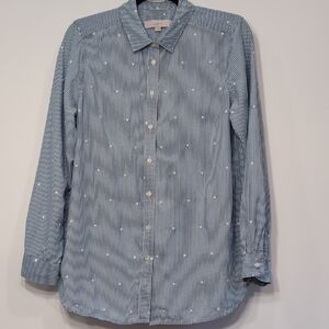 LOFT | Blue and White Striped Button Down Shirt with Polka Dot Embroidery Size M